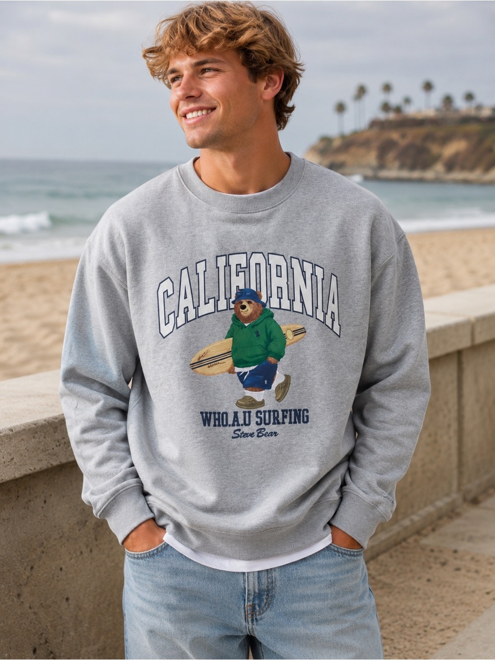 Gray California Surf Bear Graphic Crewneck Sweatshirt Large NWT